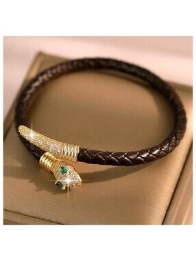 Black leather snake bracelet - Bracelet - Gold - CZs - 7"